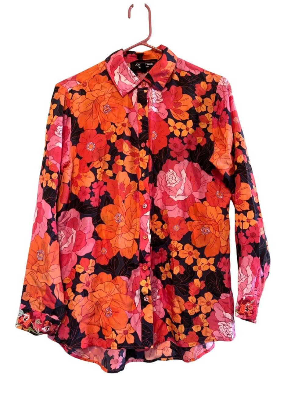 Johnny Was Becca Floral Button Down Shirt With Embroidered Cuffs 100% Silk XS